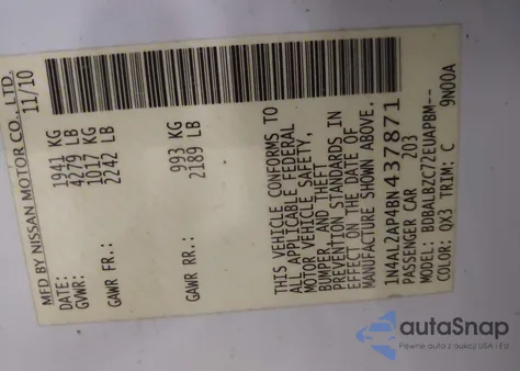 2011 Nissan Altima 2.5 S from USA, damaged, VIN 1N4AL2AP4BN437871